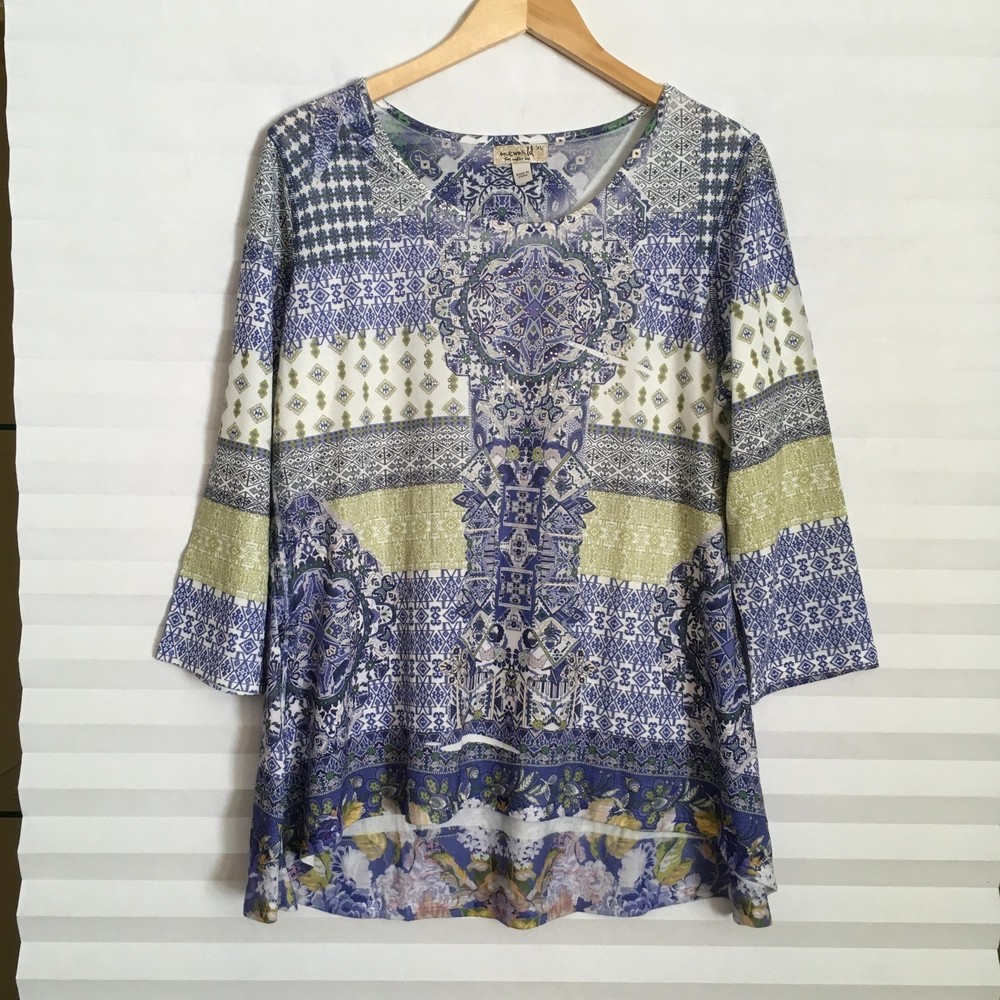 One World Womens Blouse Top size‎ XL Stretch Pull On High Low Hem 3/4th Sleeve